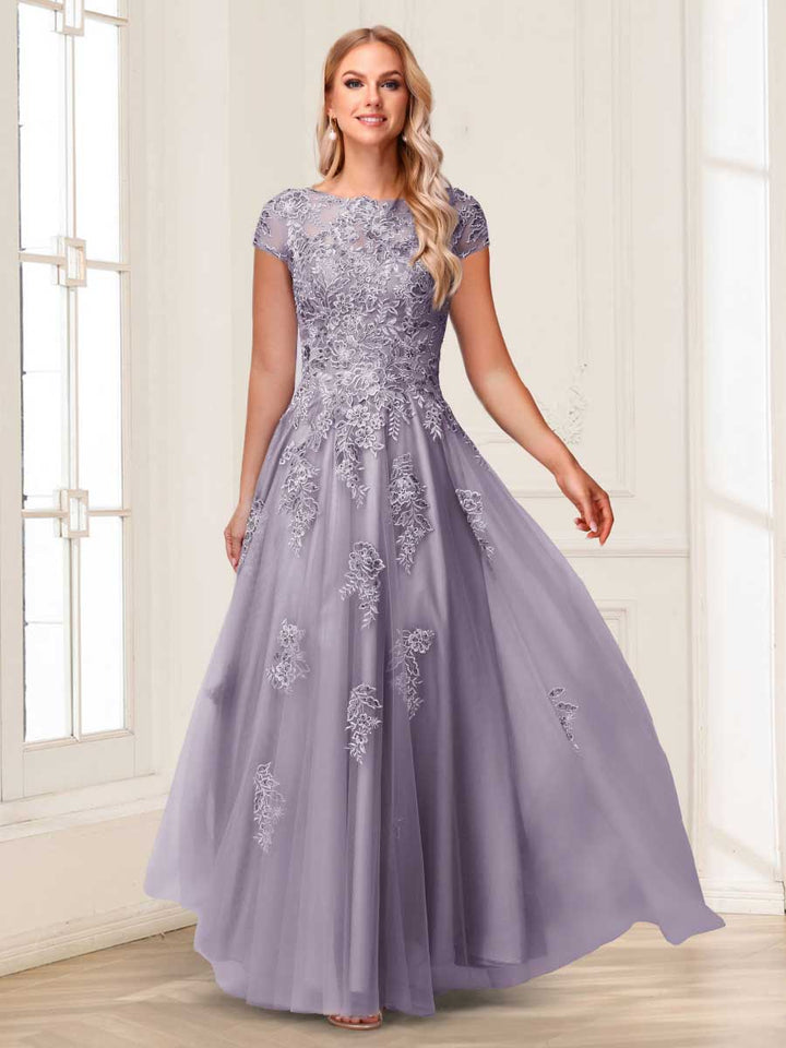 A-Line/Princess Sheer Neck Short Sleeves Long Formal Evening Dresses with Beading &amp; Appliques