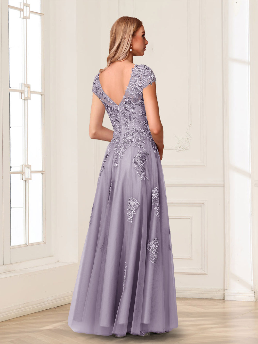 A-Line/Princess Sheer Neck Short Sleeves Long Formal Evening Dresses with Beading & Appliques