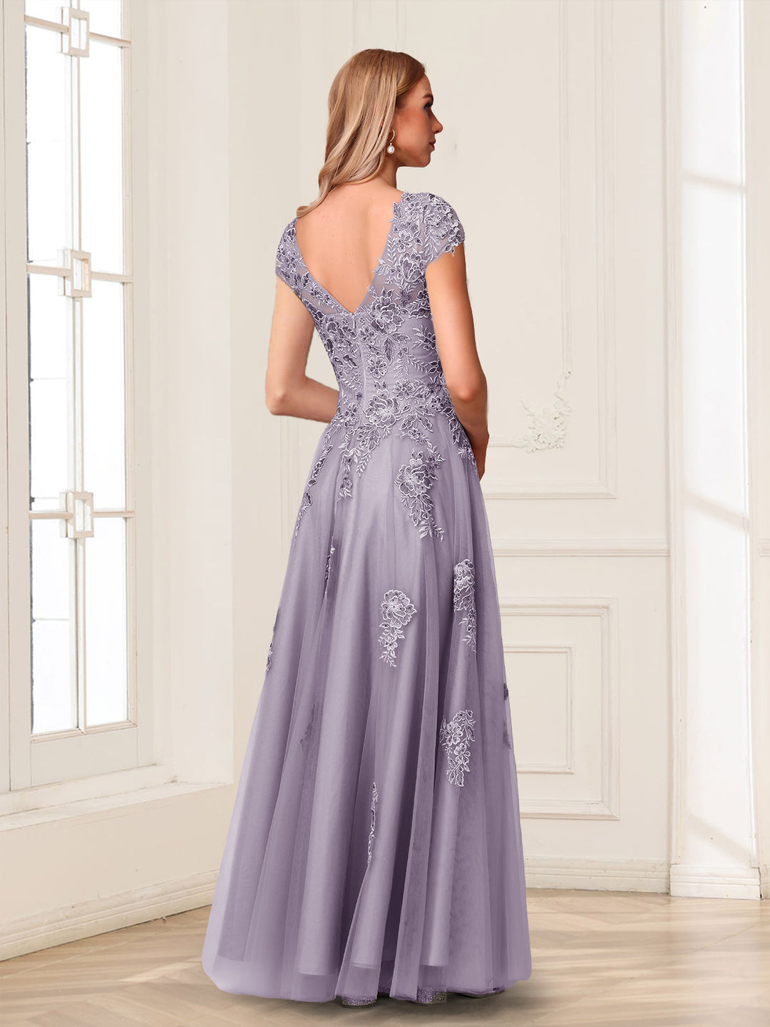 A-Line/Princess Sheer Neck Short Sleeves Long Formal Evening Dresses with Beading &amp; Appliques