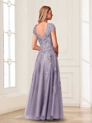 A-Line/Princess Sheer Neck Short Sleeves Long Formal Evening Dresses with Beading & Appliques