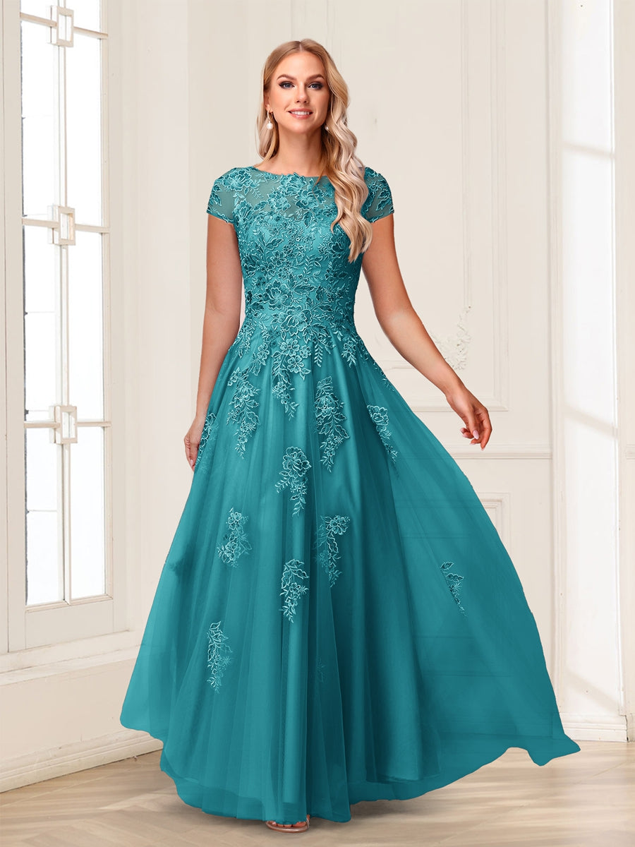 A-Line/Princess Sheer Neck Short Sleeves Long Formal Evening Dresses with Beading &amp; Appliques