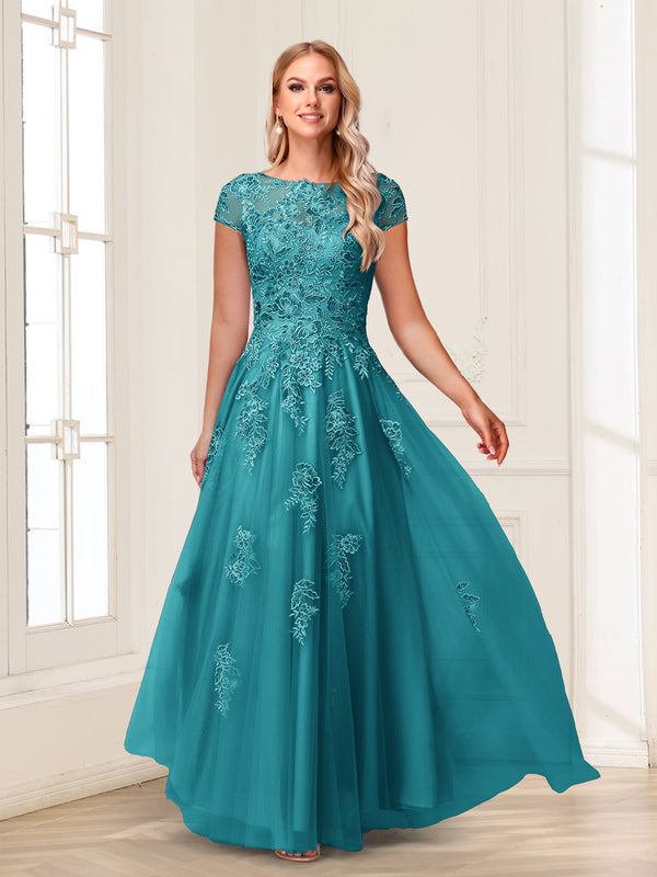 A-Line/Princess Sheer Neck Short Sleeves Long Formal Evening Dresses with Beading & Appliques