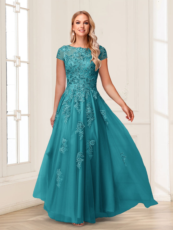 A-Line/Princess Sheer Neck Short Sleeves Long Formal Evening Dresses with Beading &amp; Appliques