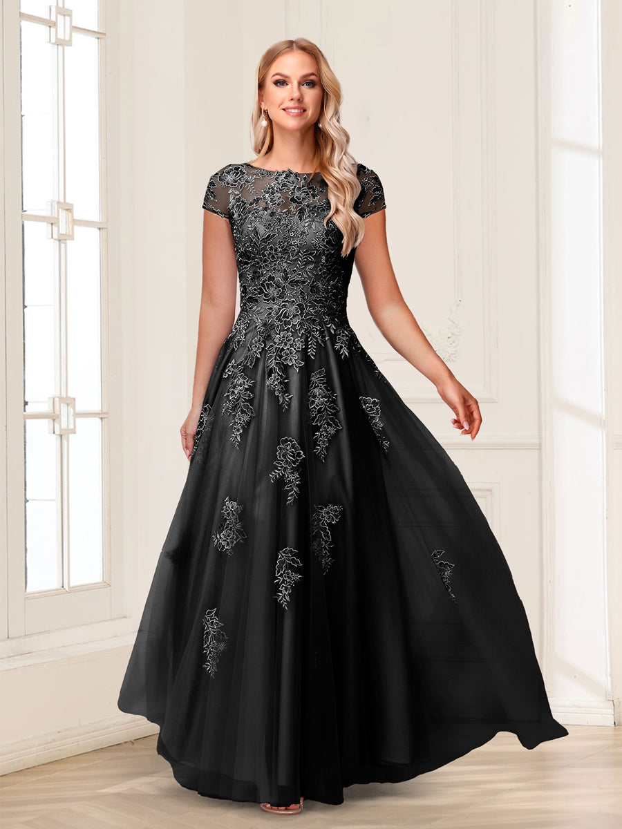 A-Line/Princess Sheer Neck Short Sleeves Long Formal Evening Dresses with Beading &amp; Appliques