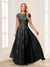 A-Line/Princess Sheer Neck Short Sleeves Long Formal Evening Dresses with Beading & Appliques
