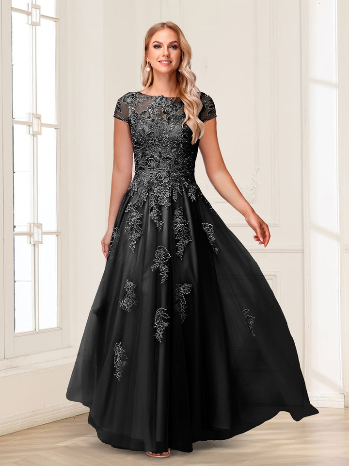 A-Line/Princess Sheer Neck Short Sleeves Long Formal Evening Dresses with Beading &amp; Appliques