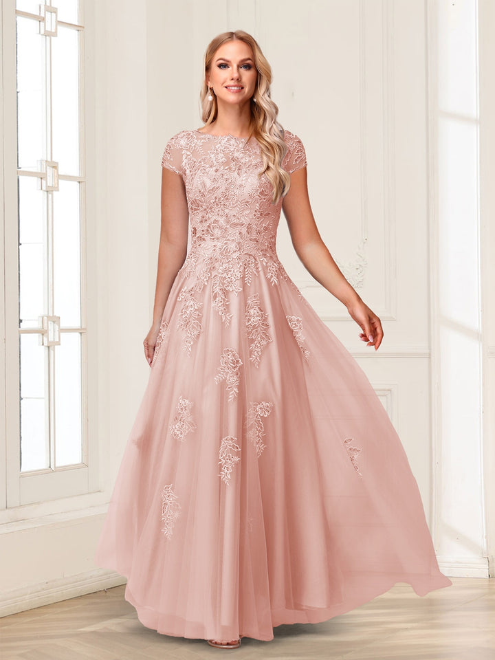 A-Line/Princess Sheer Neck Short Sleeves Long Formal Evening Dresses with Beading &amp; Appliques