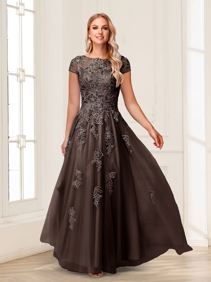 A-Line/Princess Sheer Neck Short Sleeves Long Formal Evening Dresses with Beading &amp; Appliques