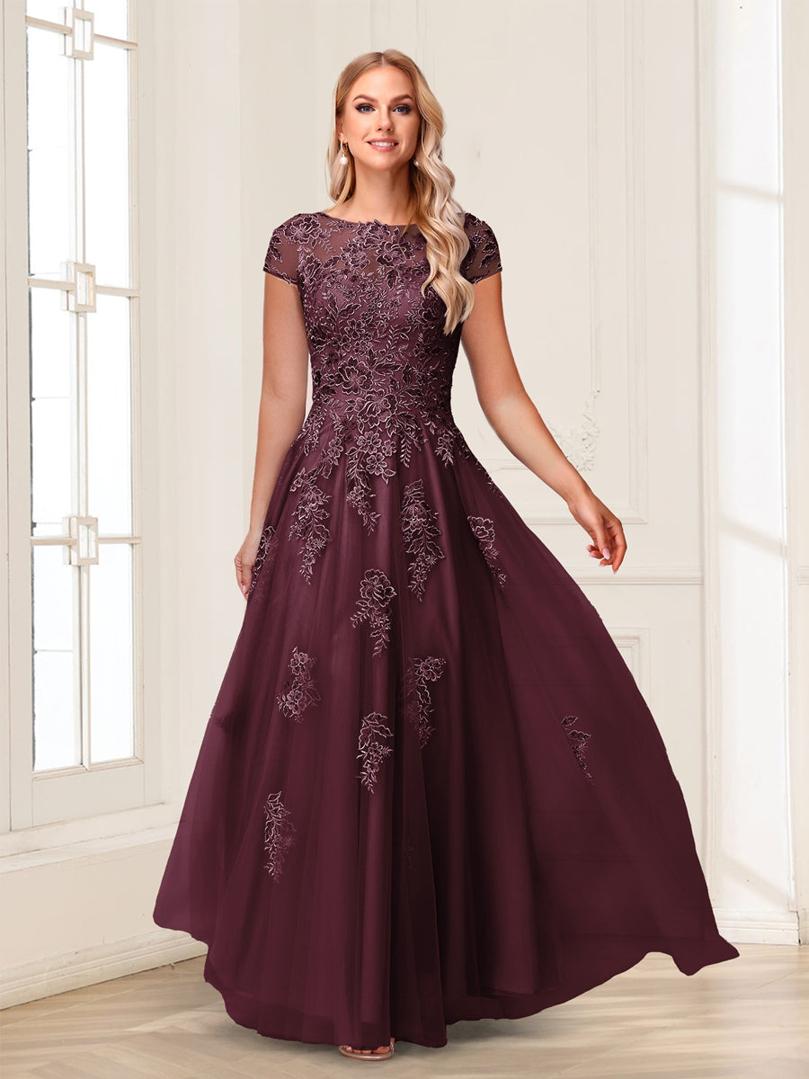 A-Line/Princess Sheer Neck Short Sleeves Long Formal Evening Dresses with Beading &amp; Appliques