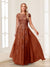 A-Line/Princess Sheer Neck Short Sleeves Long Formal Evening Dresses with Beading & Appliques