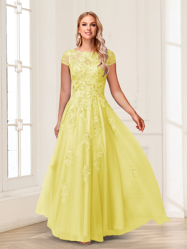 A-Line/Princess Sheer Neck Short Sleeves Long Formal Evening Dresses with Beading & Appliques
