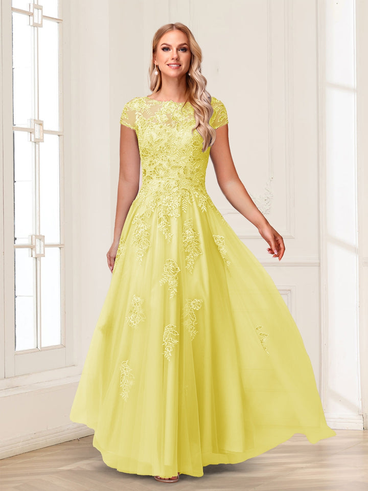 A-Line/Princess Sheer Neck Short Sleeves Long Formal Evening Dresses with Beading &amp; Appliques