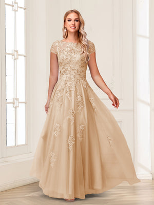 A-Line/Princess Sheer Neck Short Sleeves Long Formal Evening Dresses with Beading & Appliques