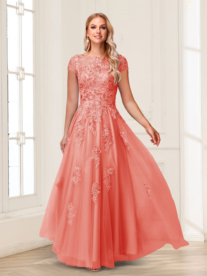 A-Line/Princess Sheer Neck Short Sleeves Long Formal Evening Dresses with Beading &amp; Appliques