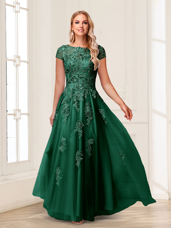 A-Line/Princess Sheer Neck Short Sleeves Long Formal Evening Dresses with Beading & Appliques