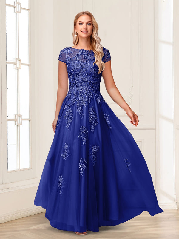 A-Line/Princess Sheer Neck Short Sleeves Long Formal Evening Dresses with Beading & Appliques