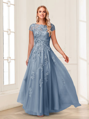 A-Line/Princess Sheer Neck Short Sleeves Long Formal Evening Dresses with Beading & Appliques
