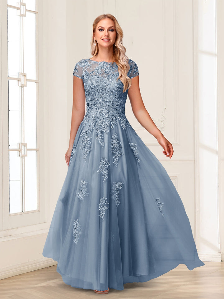 A-Line/Princess Sheer Neck Short Sleeves Long Formal Evening Dresses with Beading &amp; Appliques