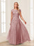A-Line/Princess Sheer Neck Short Sleeves Long Formal Evening Dresses with Beading & Appliques