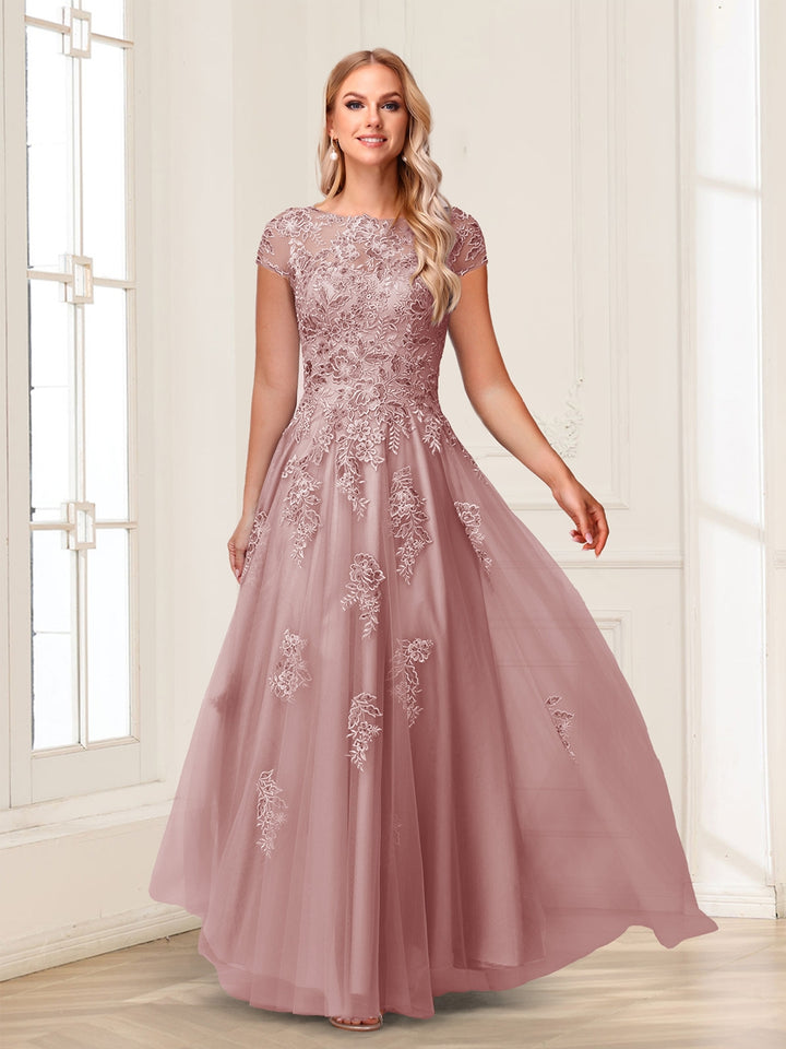 A-Line/Princess Sheer Neck Short Sleeves Long Formal Evening Dresses with Beading &amp; Appliques