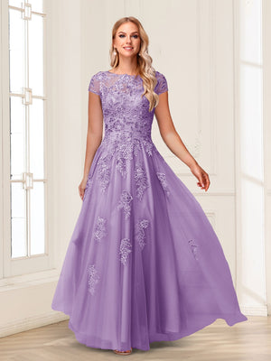 A-Line/Princess Sheer Neck Short Sleeves Long Formal Evening Dresses with Beading & Appliques