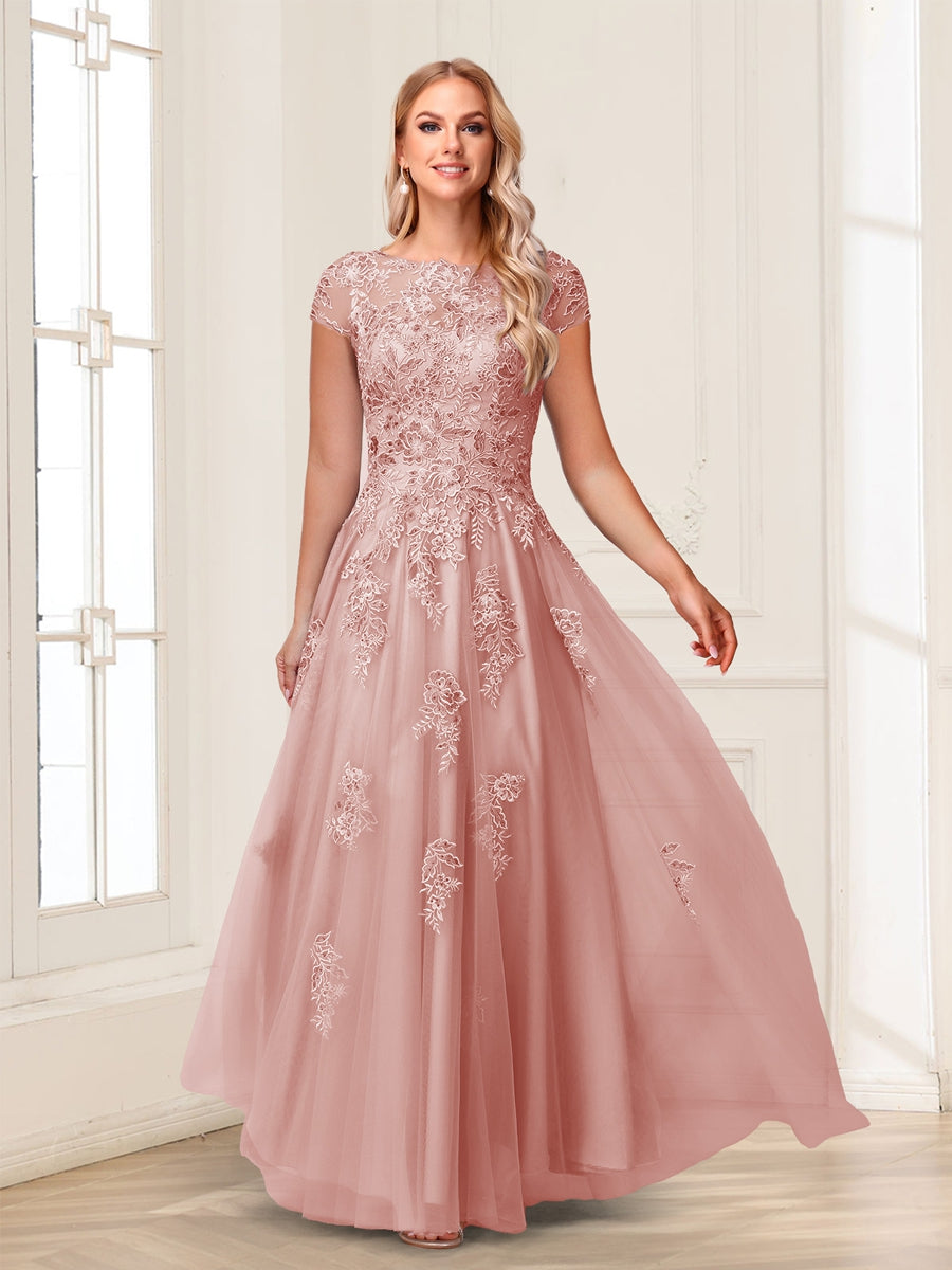 A-Line/Princess Sheer Neck Short Sleeves Long Formal Evening Dresses with Beading &amp; Appliques