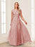 A-Line/Princess Sheer Neck Short Sleeves Long Formal Evening Dresses with Beading & Appliques