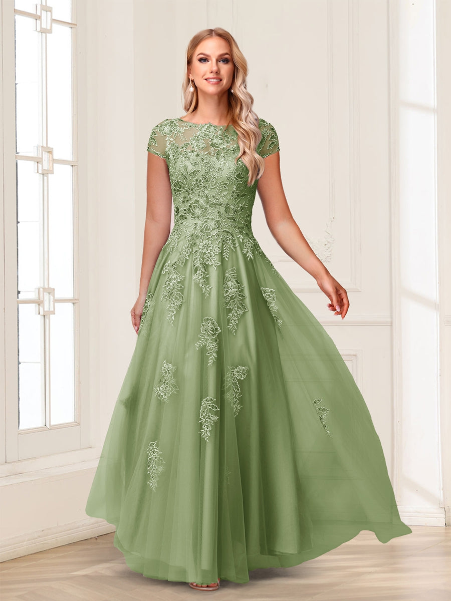 A-Line/Princess Sheer Neck Short Sleeves Long Formal Evening Dresses with Beading &amp; Appliques