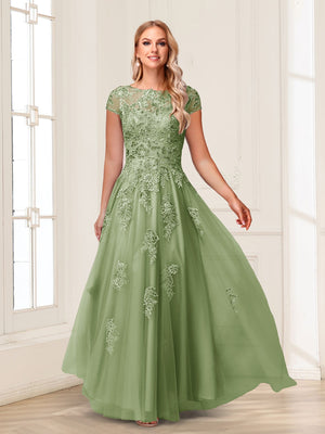 A-Line/Princess Sheer Neck Short Sleeves Long Formal Evening Dresses with Beading & Appliques