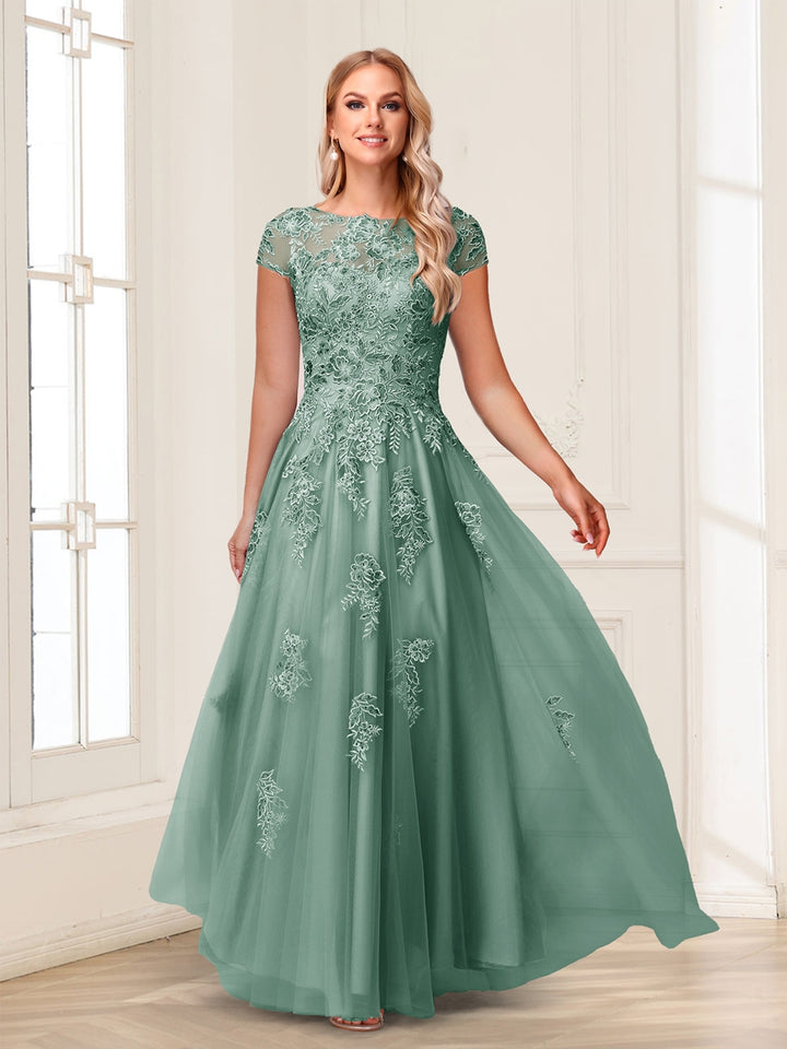 A-Line/Princess Sheer Neck Short Sleeves Long Formal Evening Dresses with Beading &amp; Appliques