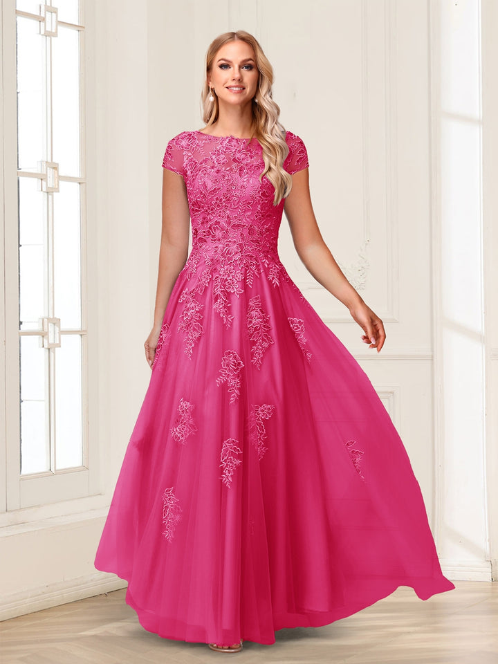 A-Line/Princess Sheer Neck Short Sleeves Long Formal Evening Dresses with Beading &amp; Appliques