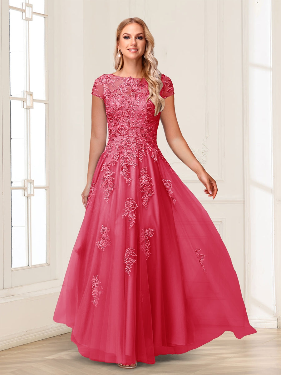 A-Line/Princess Sheer Neck Short Sleeves Long Formal Evening Dresses with Beading &amp; Appliques