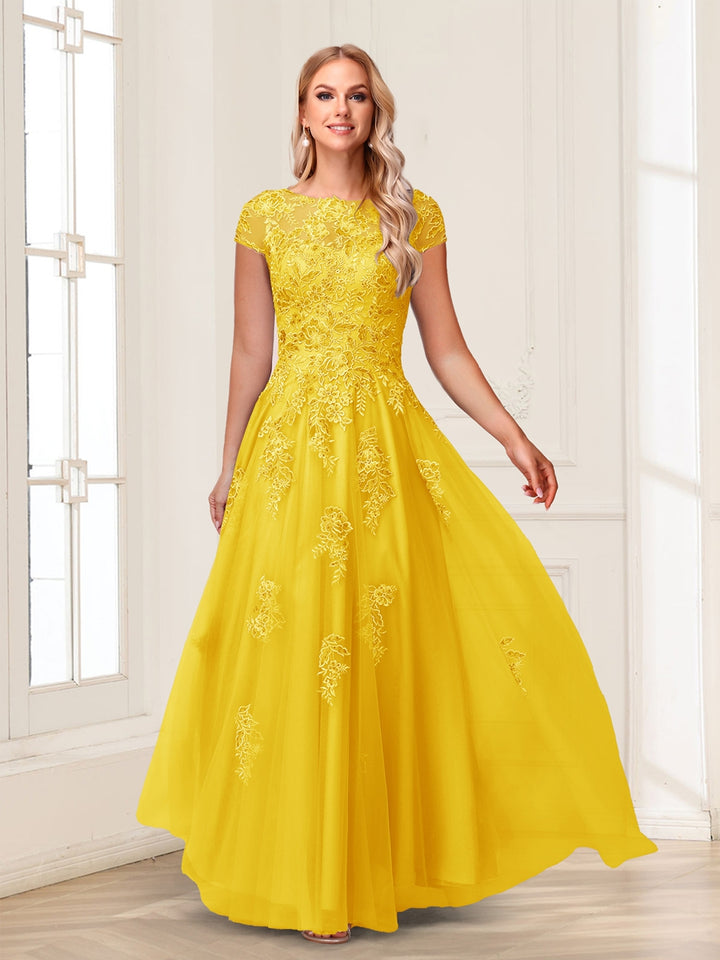 A-Line/Princess Sheer Neck Short Sleeves Long Formal Evening Dresses with Beading &amp; Appliques