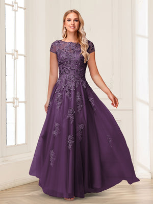 A-Line/Princess Sheer Neck Short Sleeves Long Formal Evening Dresses with Beading & Appliques