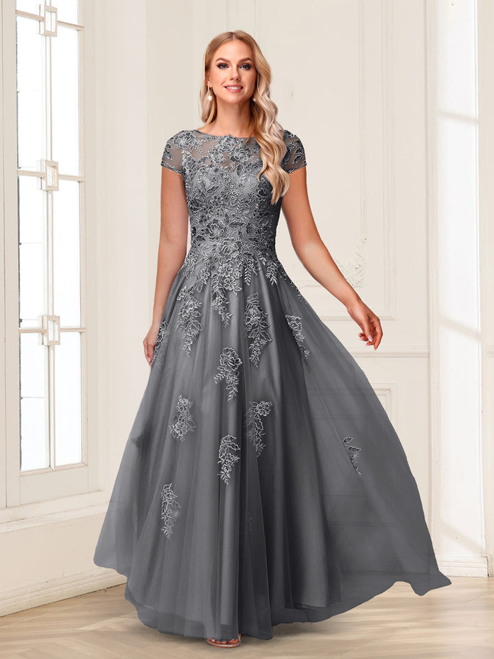 A-Line/Princess Sheer Neck Short Sleeves Long Formal Evening Dresses with Beading &amp; Appliques