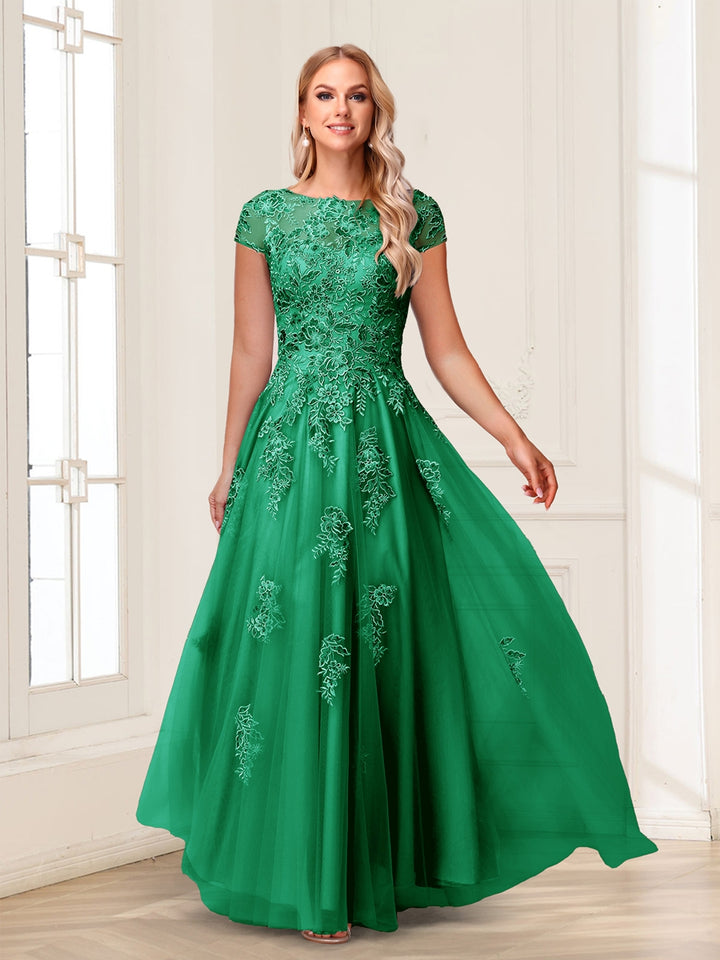 A-Line/Princess Sheer Neck Short Sleeves Long Formal Evening Dresses with Beading &amp; Appliques