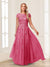 A-Line/Princess Sheer Neck Short Sleeves Long Formal Evening Dresses with Beading & Appliques