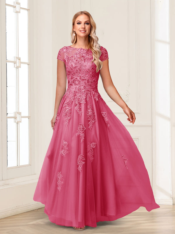 A-Line/Princess Sheer Neck Short Sleeves Long Formal Evening Dresses with Beading & Appliques