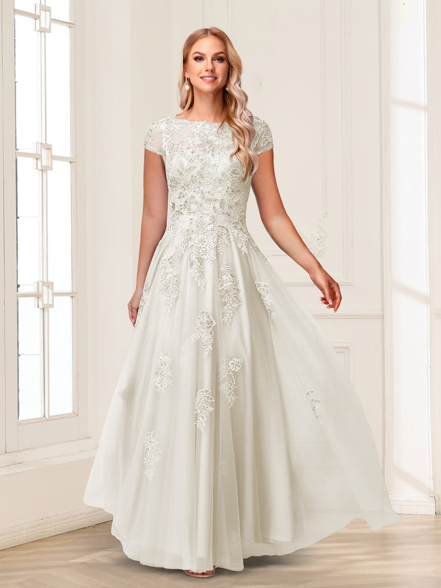 A-Line/Princess Sheer Neck Short Sleeves Long Formal Evening Dresses with Beading &amp; Appliques