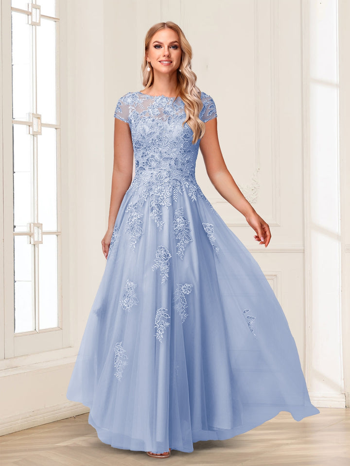 A-Line/Princess Sheer Neck Short Sleeves Long Formal Evening Dresses with Beading &amp; Appliques