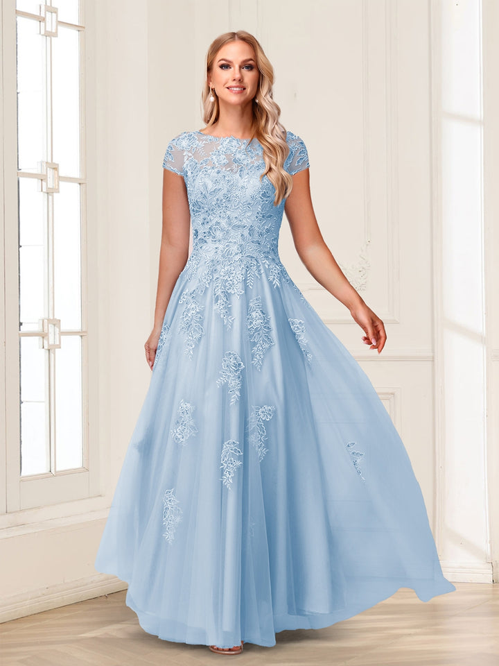 A-Line/Princess Sheer Neck Short Sleeves Long Formal Evening Dresses with Beading &amp; Appliques