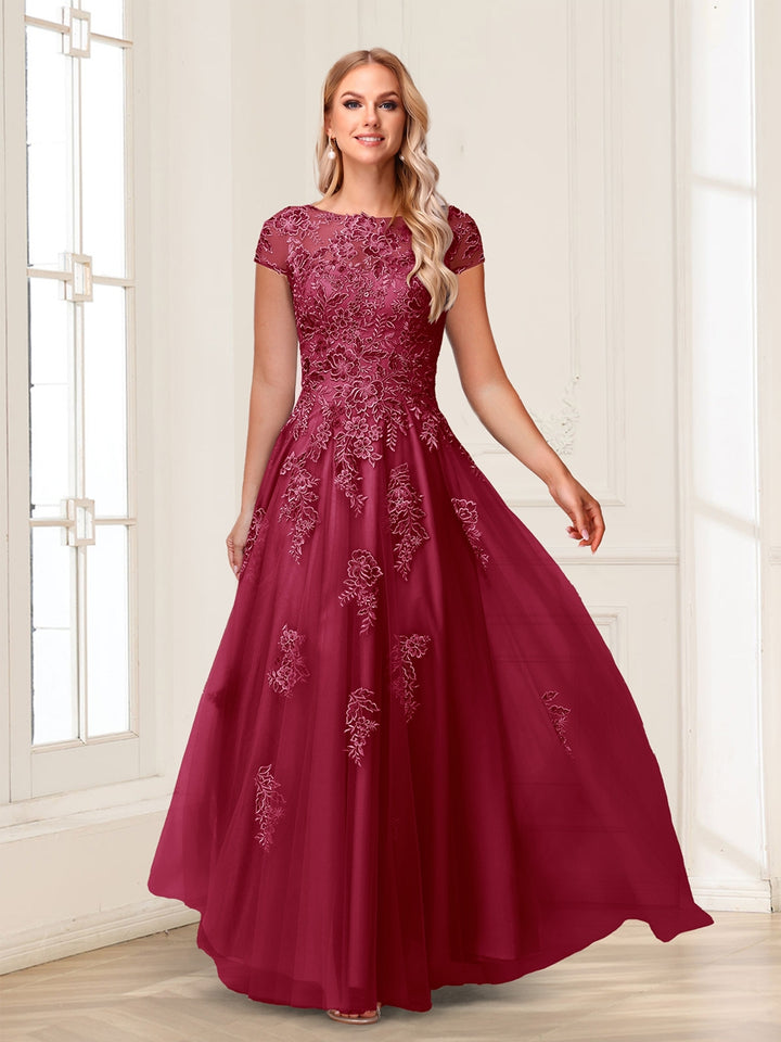 A-Line/Princess Sheer Neck Short Sleeves Long Formal Evening Dresses with Beading &amp; Appliques