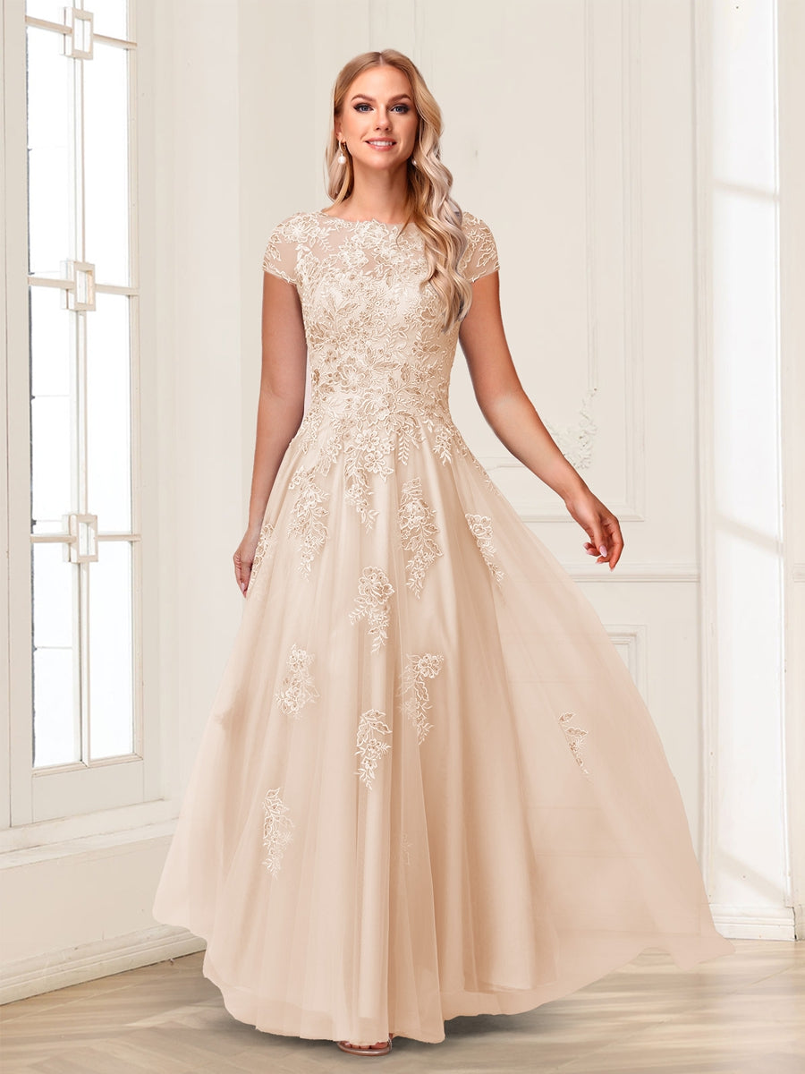 A-Line/Princess Sheer Neck Short Sleeves Long Formal Evening Dresses with Beading &amp; Appliques
