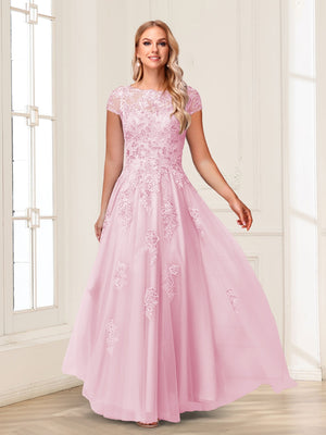A-Line/Princess Sheer Neck Short Sleeves Long Formal Evening Dresses with Beading & Appliques
