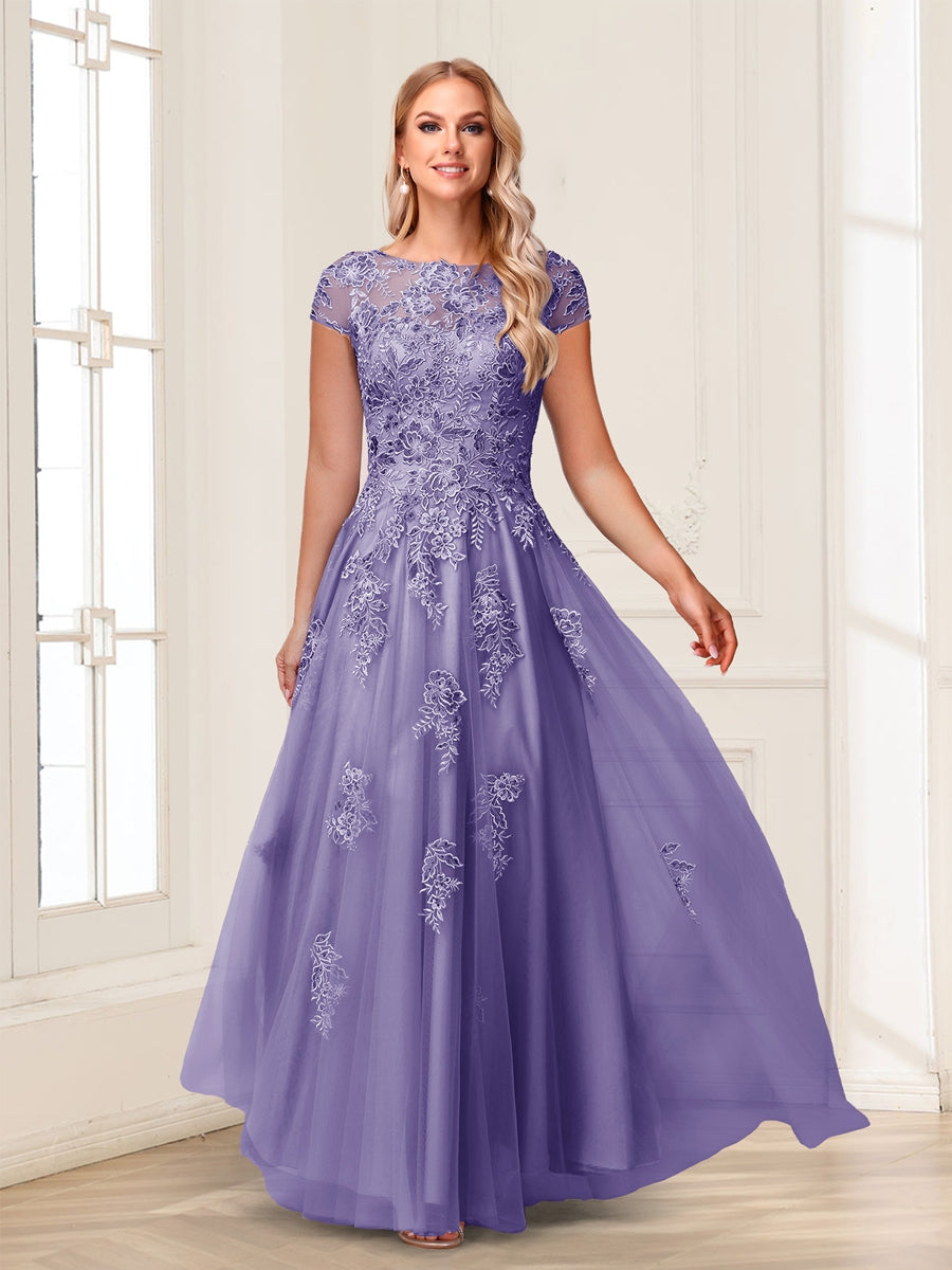 A-Line/Princess Sheer Neck Short Sleeves Long Formal Evening Dresses with Beading &amp; Appliques