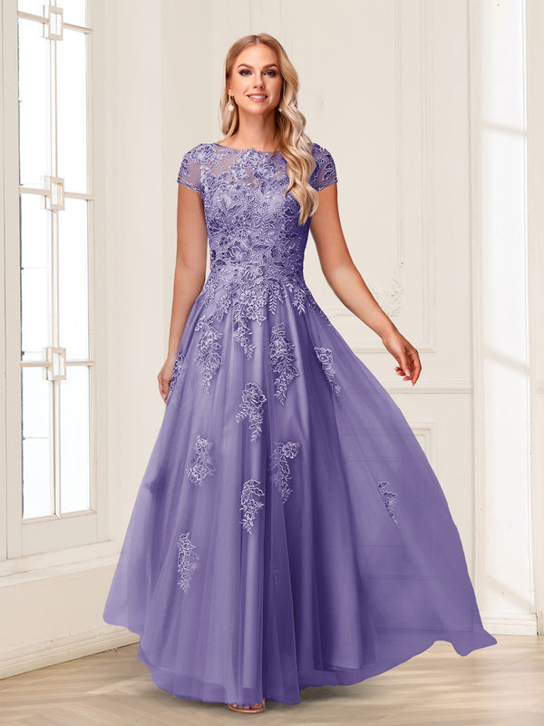 A-Line/Princess Sheer Neck Short Sleeves Long Formal Evening Dresses with Beading & Appliques