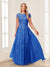 A-Line/Princess Sheer Neck Short Sleeves Long Formal Evening Dresses with Beading & Appliques