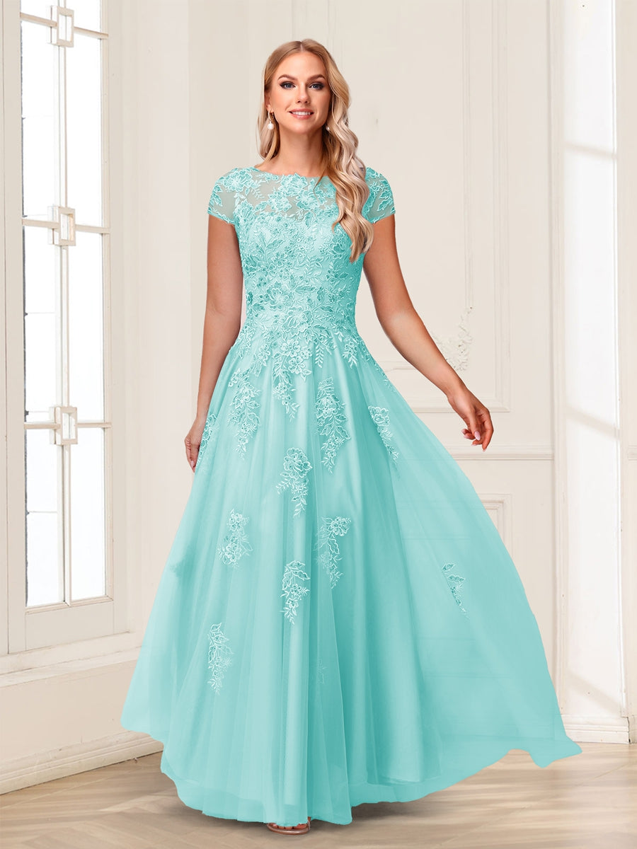 A-Line/Princess Sheer Neck Short Sleeves Long Formal Evening Dresses with Beading &amp; Appliques