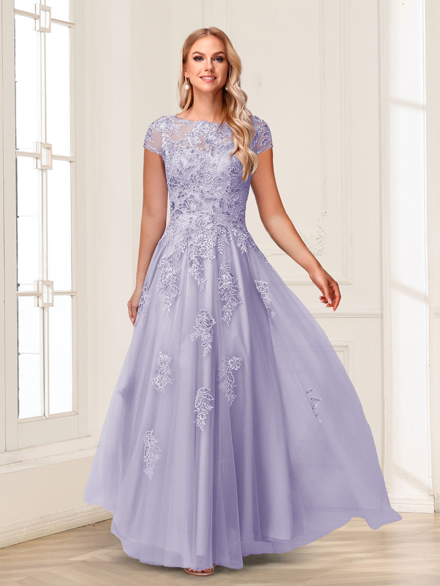 A-Line/Princess Sheer Neck Short Sleeves Long Formal Evening Dresses with Beading &amp; Appliques