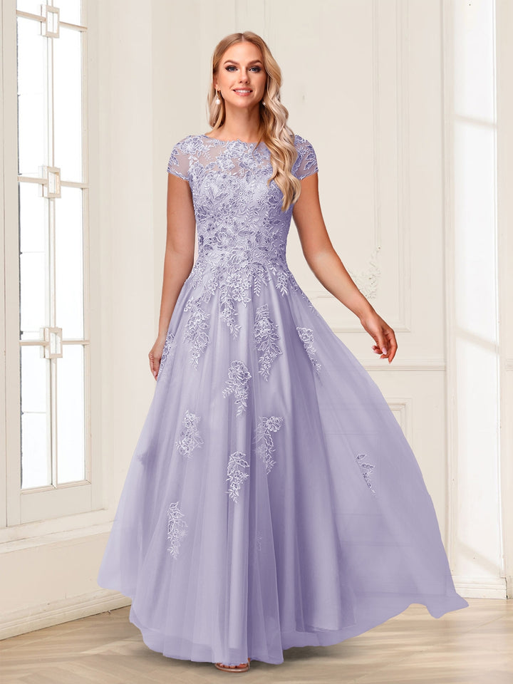A-Line/Princess Sheer Neck Short Sleeves Long Formal Evening Dresses with Beading &amp; Appliques